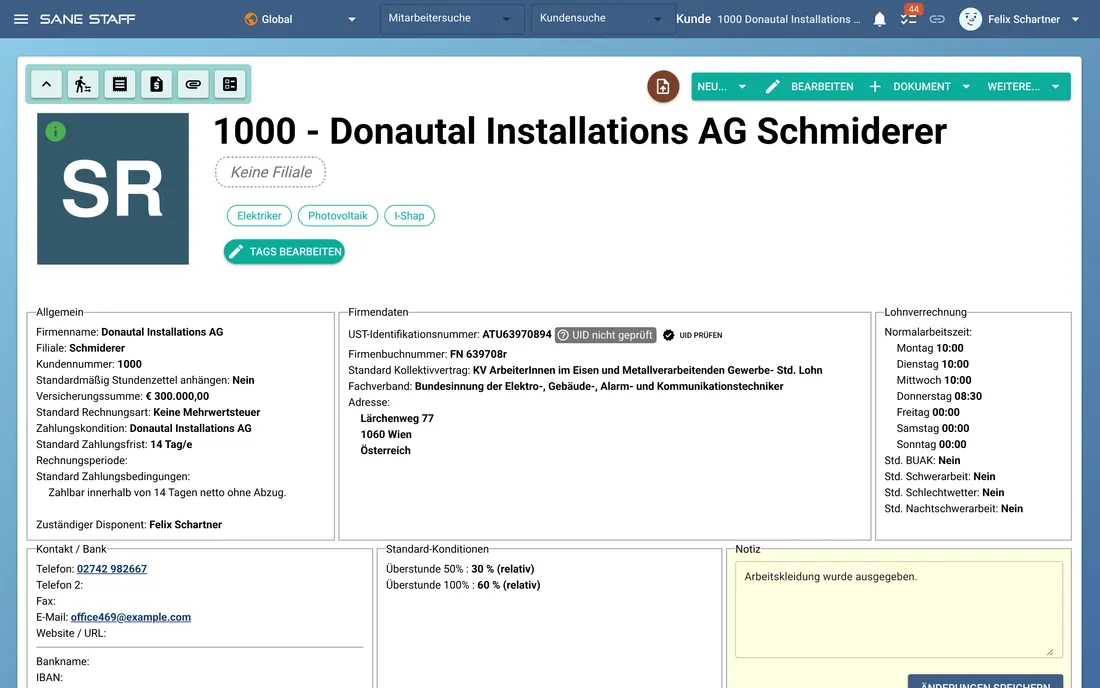 Kundenakte mit Kommissionen, Preisliste und Kennzahlen