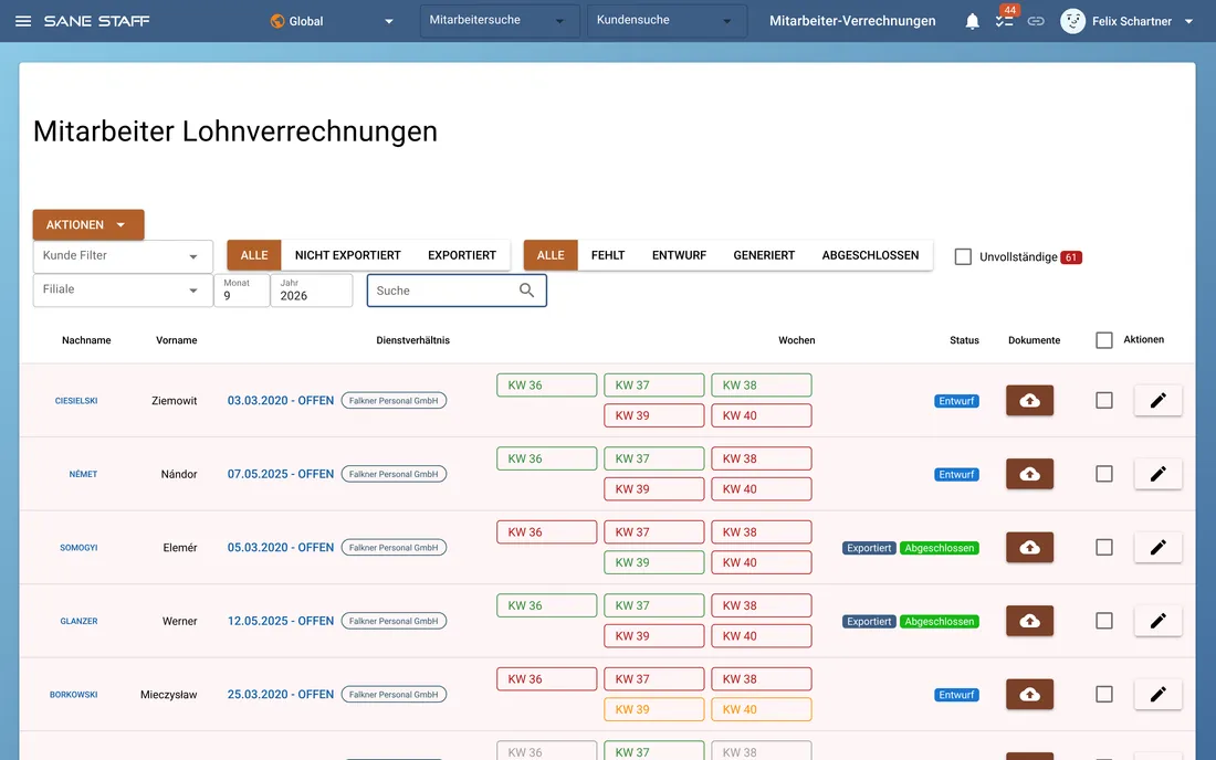 Lohnverrechnung je Mitarbeiter mit Wochen, Status und Export