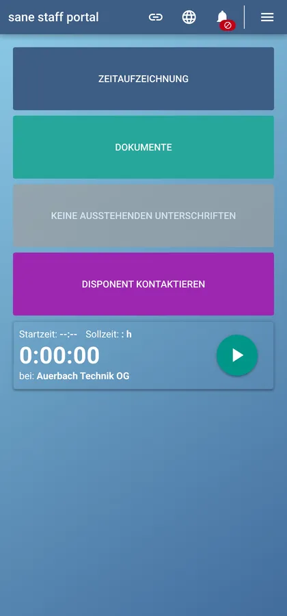 Startseite der Mitarbeiter-App mit Zeitaufzeichnung, Dokumenten und laufendem Timer